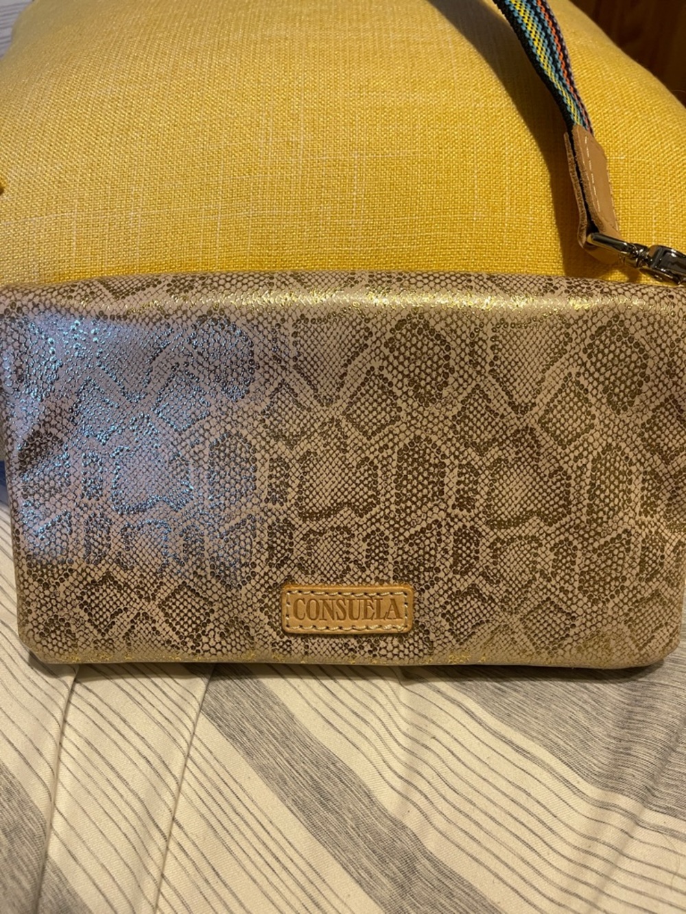 Consuela Taupe Snake-Print Crossbody with Colorful Woven Strap - Picture 6 of 6